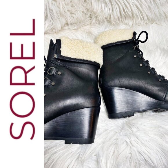 NWOT SOREL After Hours Lace-Up Shearling Waterproof Wedge Boots Black, 9.5 - Picture 9 of 14